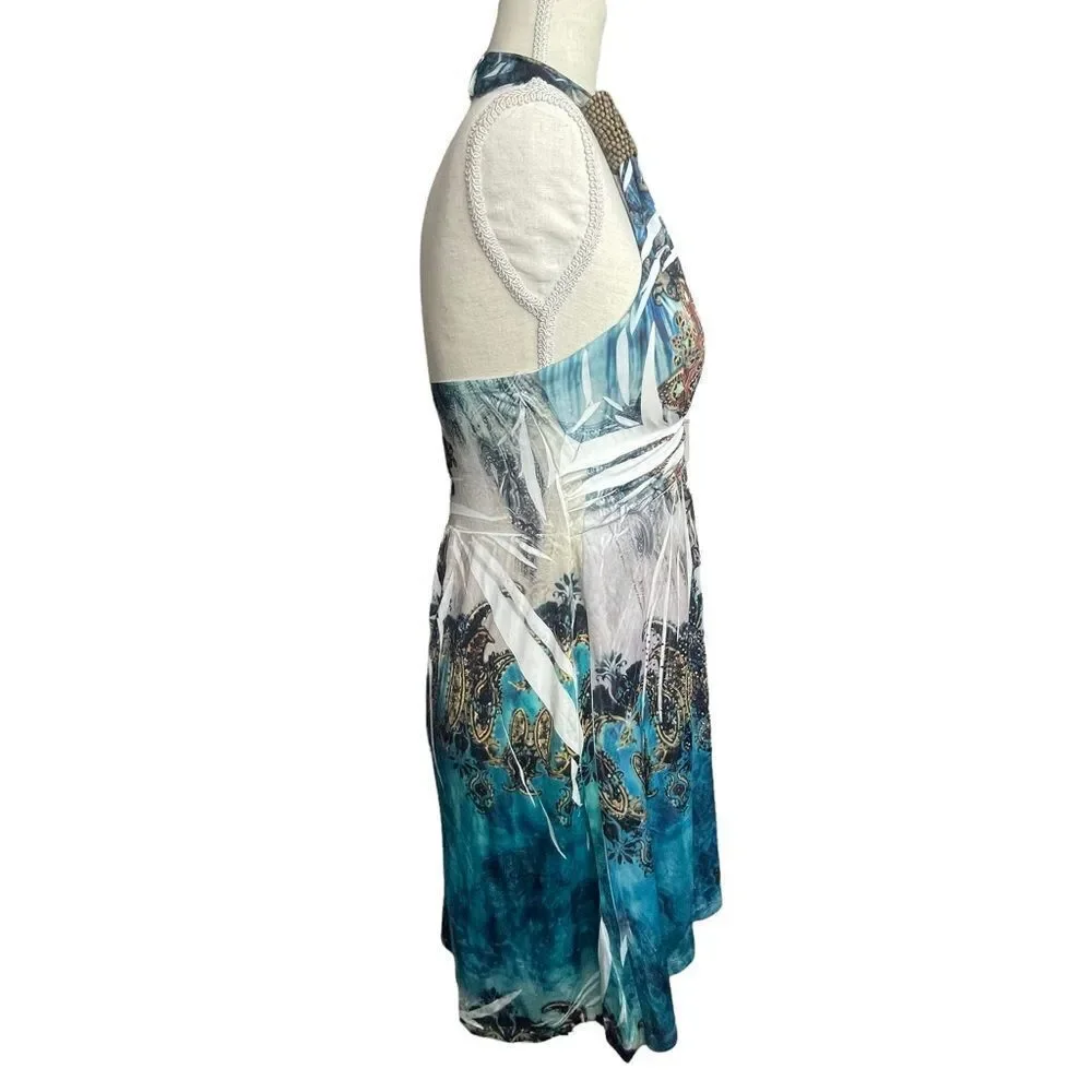Cristinalove Blue White Gold Halter graphic paisley tie dye Mini Dress size L